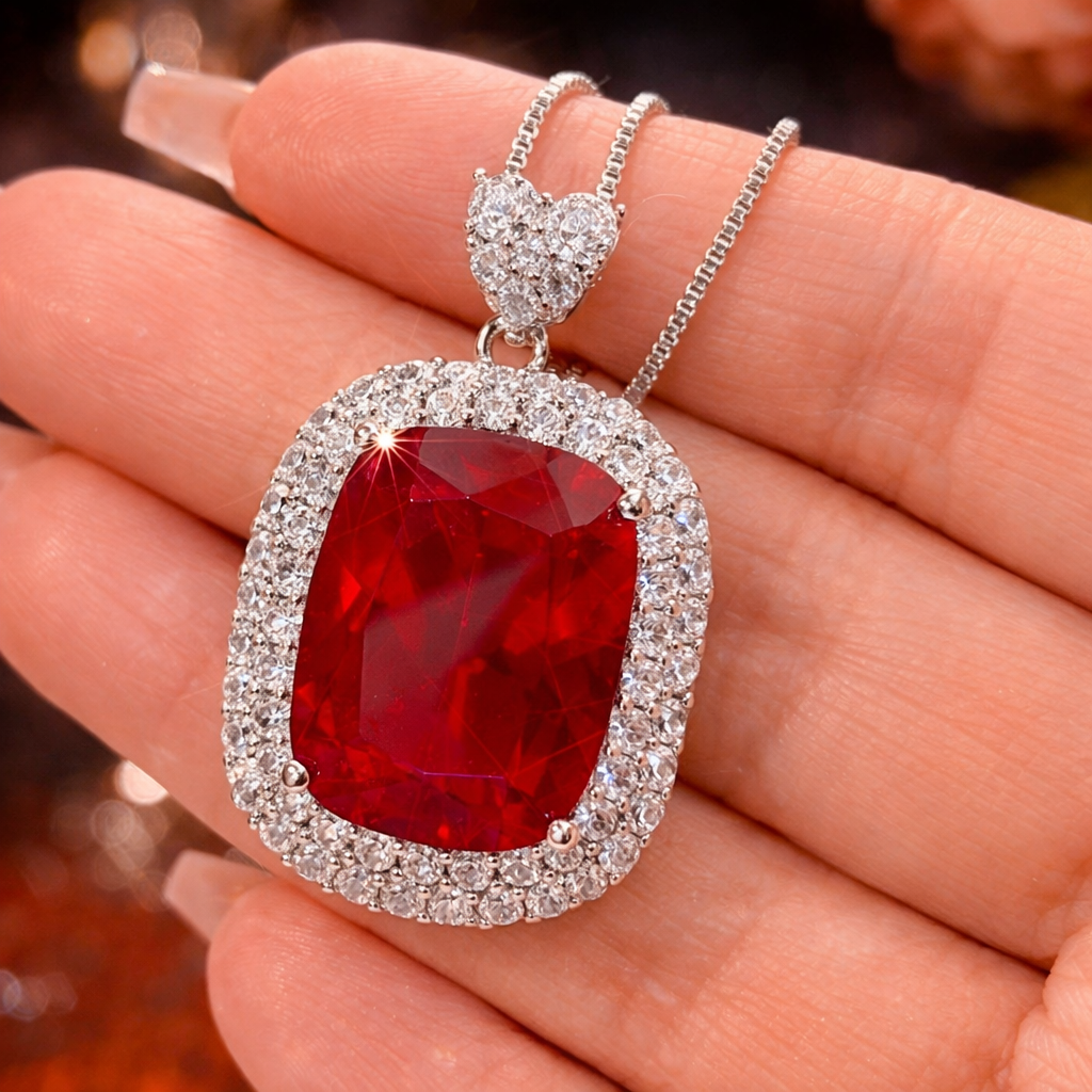 Red Blue Luxury Emerald Cut Silver CZ Anti Tarnish Copper Pendant Chain