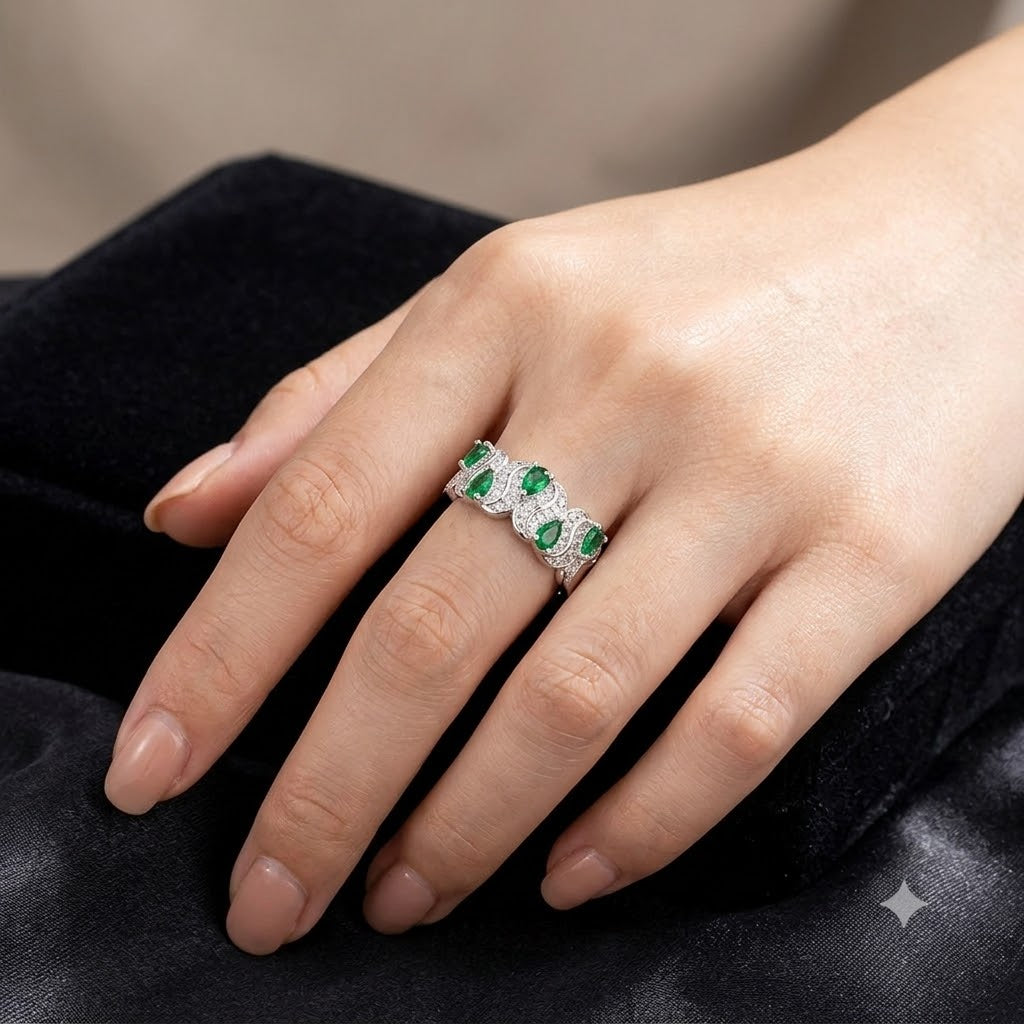 Wave Design Silver Plated Green CZ Copper Cocktail Ring For Women Bulk