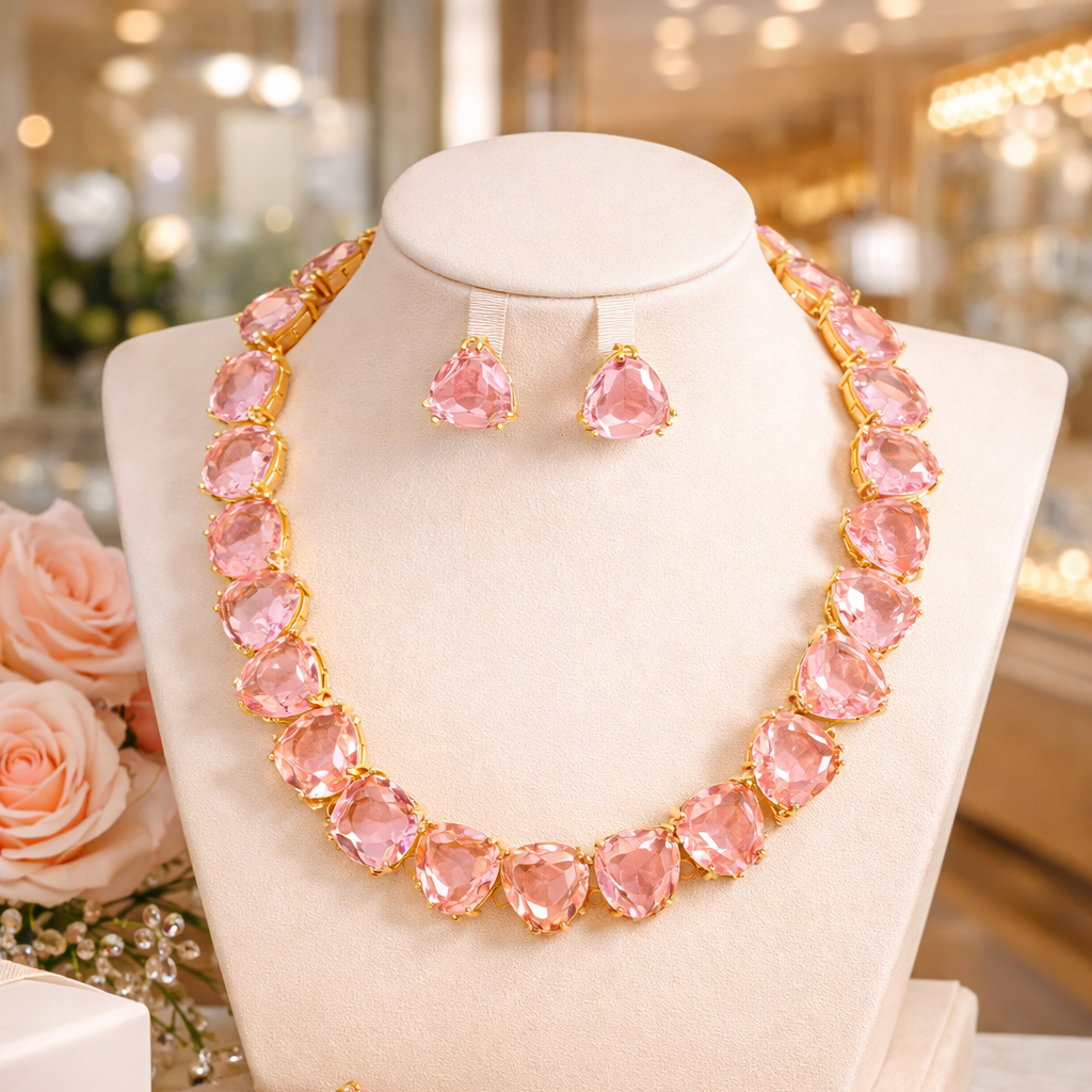 Pink White Designer Heart-Cut Gold CZ Copper Necklace Earring Set Bulk