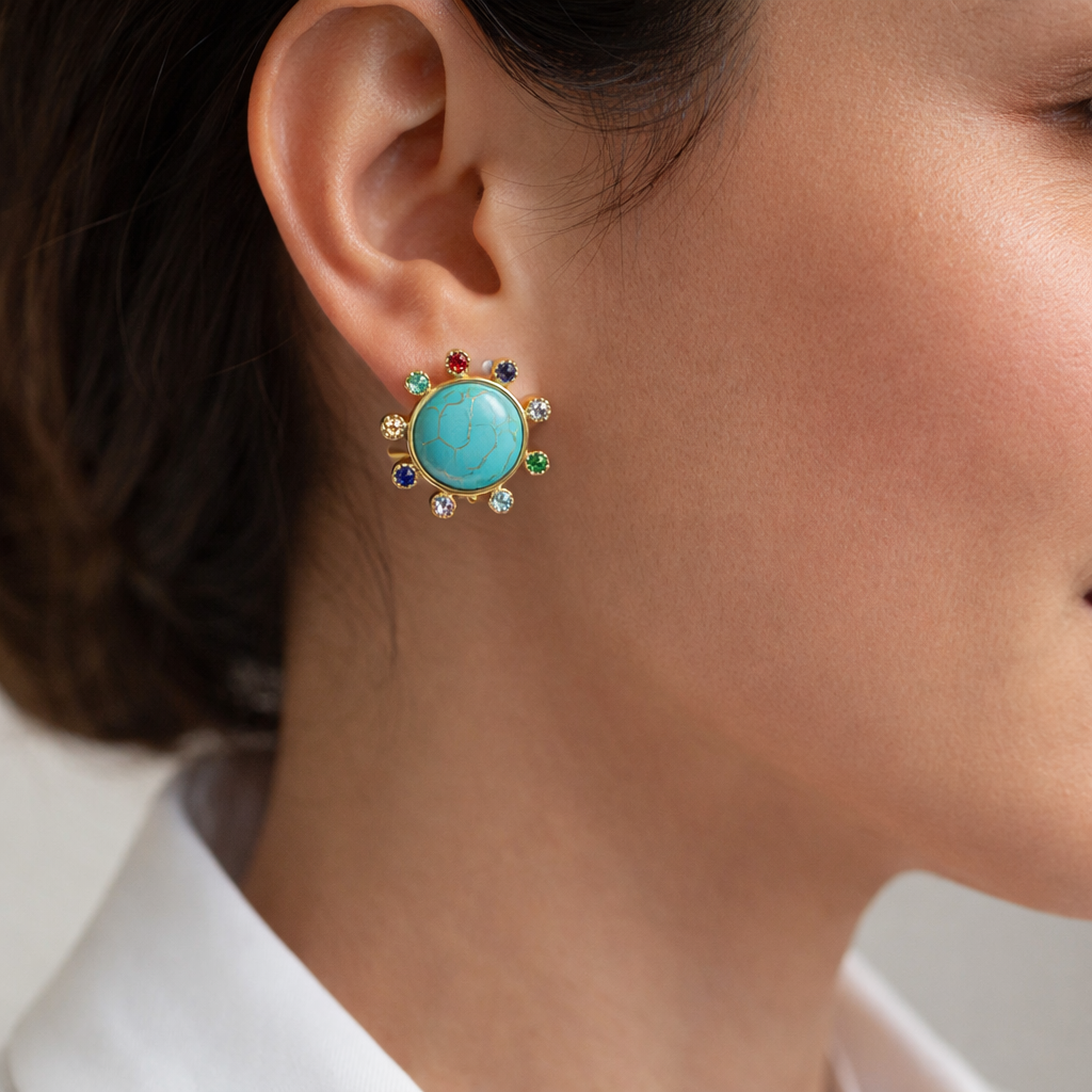Multi Round Gold CZ Turquoise Anti Tarnish Copper Stud Earrings Bulk Secondary image