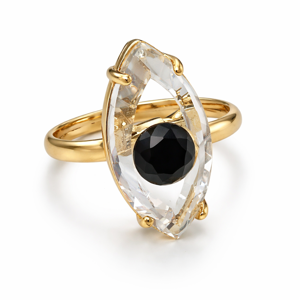 White Marquise Evil Eye Gold Crystal Copper Adjustable Fancy Ring Bulk
