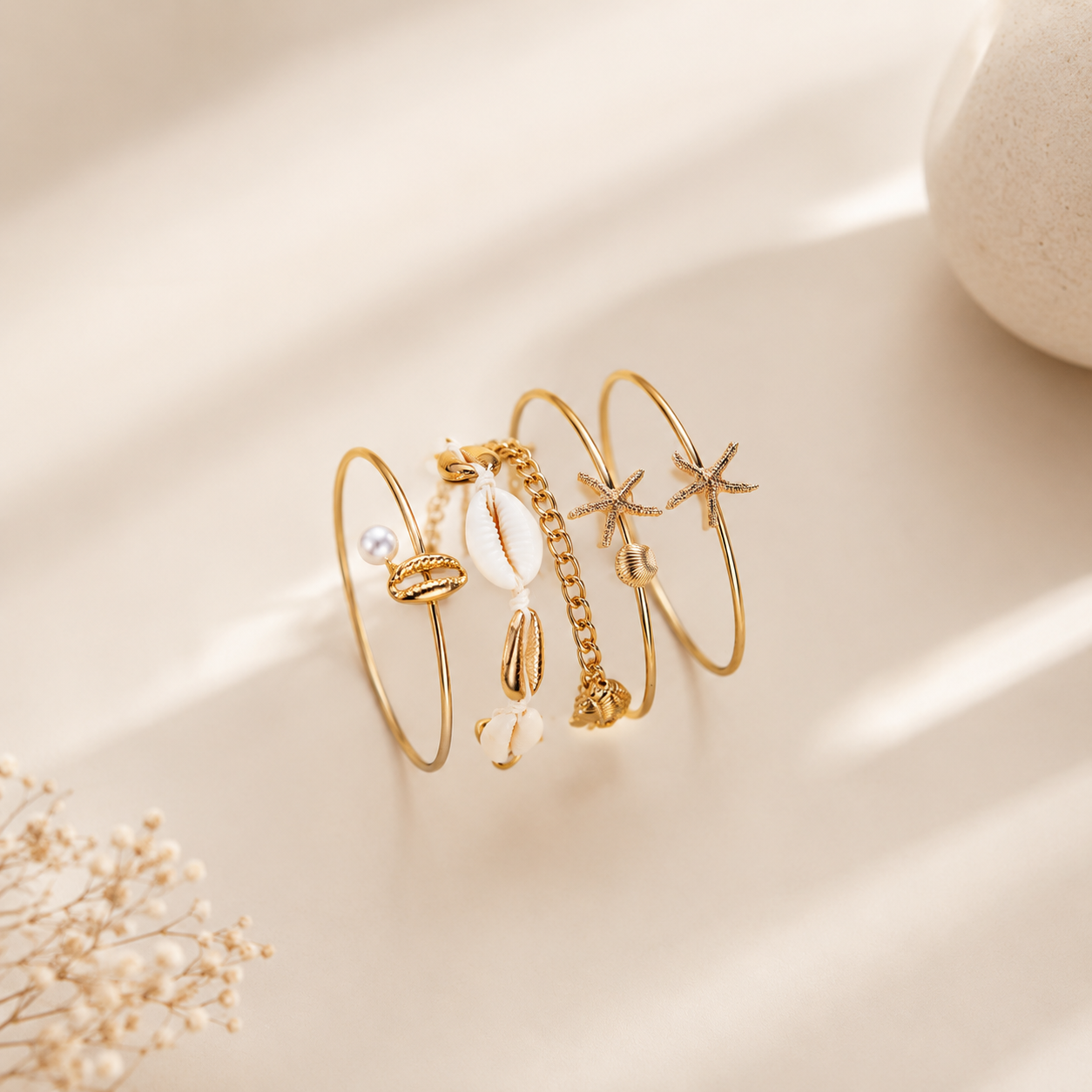 Minimal Beach Style Starfish & Cowrie Shell Gold Beads Bracelet Bulk