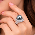 Elegant Dome Silver CZ Pearl Copper Anti Tarnish Cocktail Ring Bulk