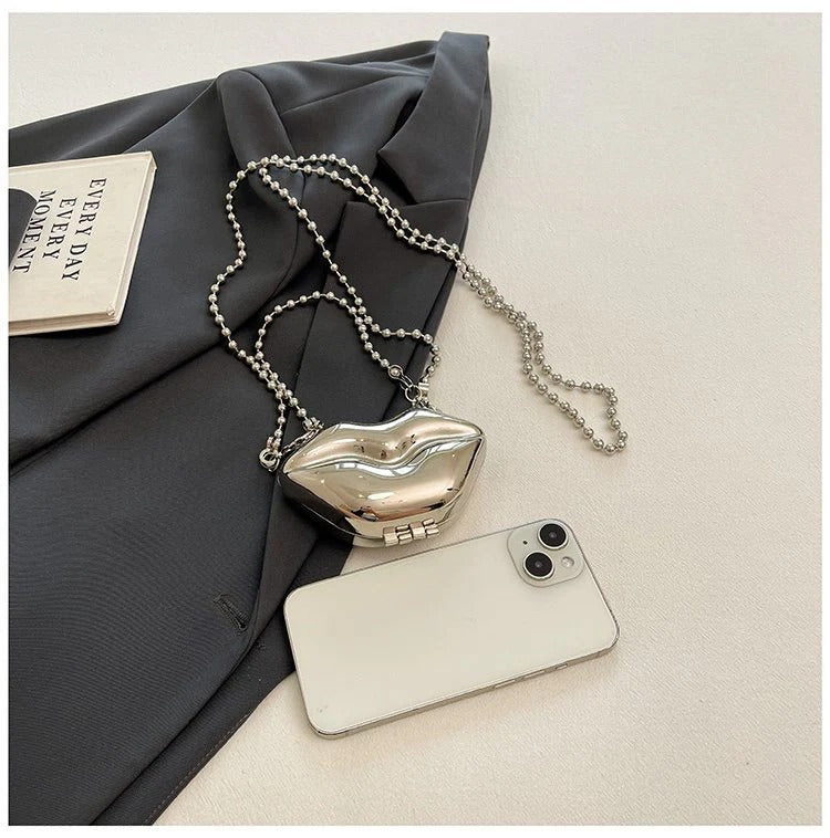 Glossy Bold Lips Gold Silver Ball Chain Shoulder Hand Bag Women Bulk