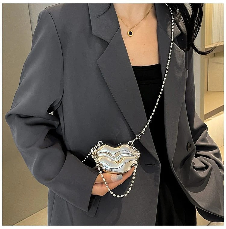 Glossy Bold Lips Gold Silver Ball Chain Shoulder Hand Bag Women Bulk