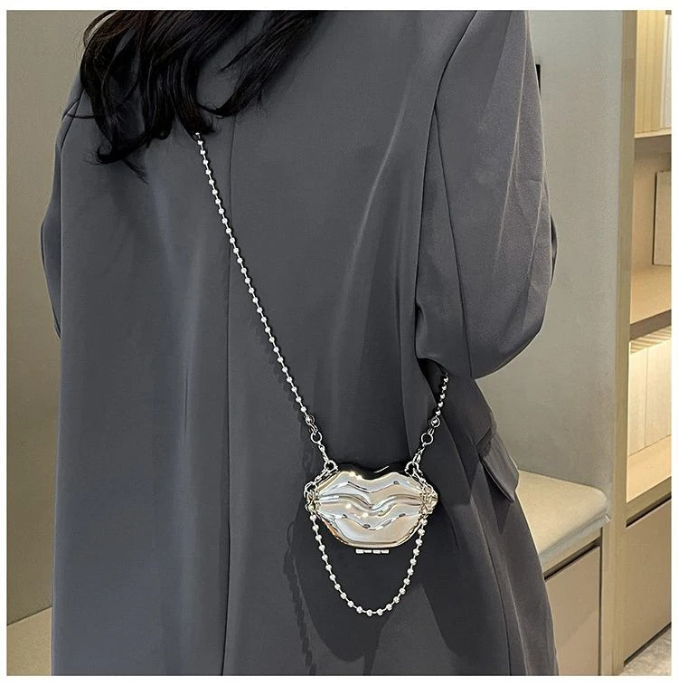 Glossy Bold Lips Gold Silver Ball Chain Shoulder Hand Bag Women Bulk