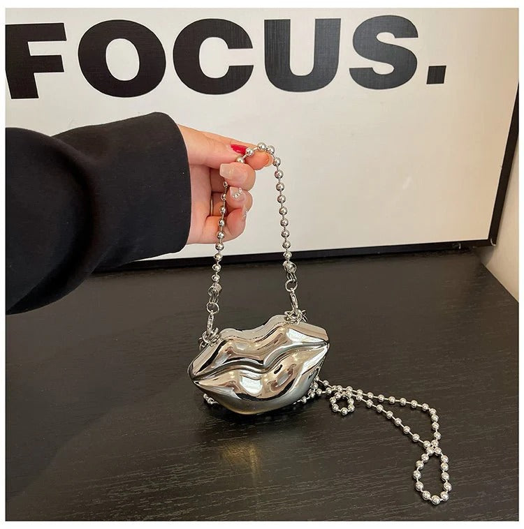 Glossy Bold Lips Gold Silver Ball Chain Shoulder Hand Bag Women Bulk