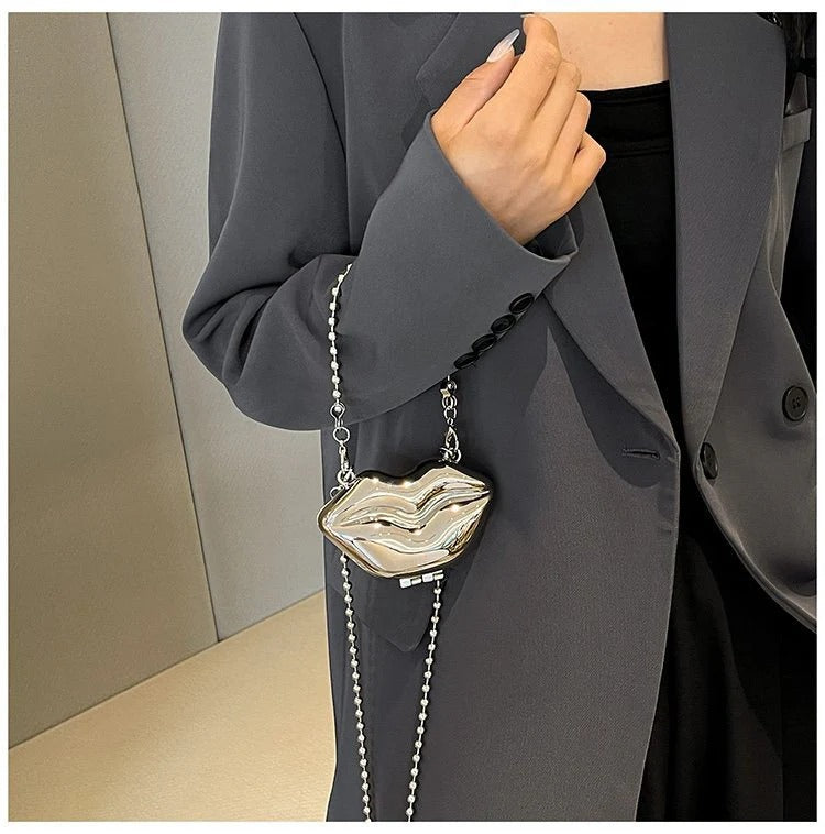 Glossy Bold Lips Gold Silver Ball Chain Shoulder Hand Bag Women Bulk