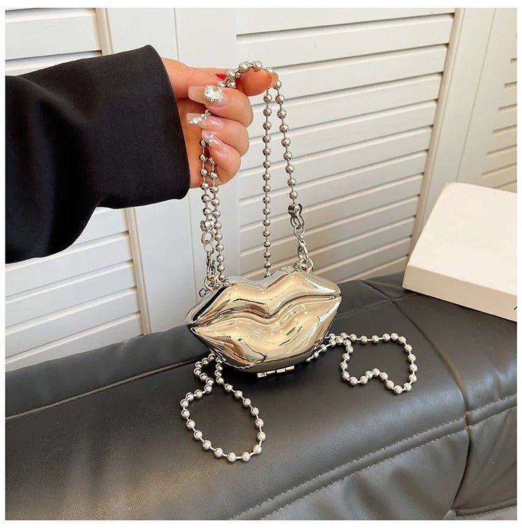 Glossy Bold Lips Gold Silver Ball Chain Shoulder Hand Bag Women Bulk