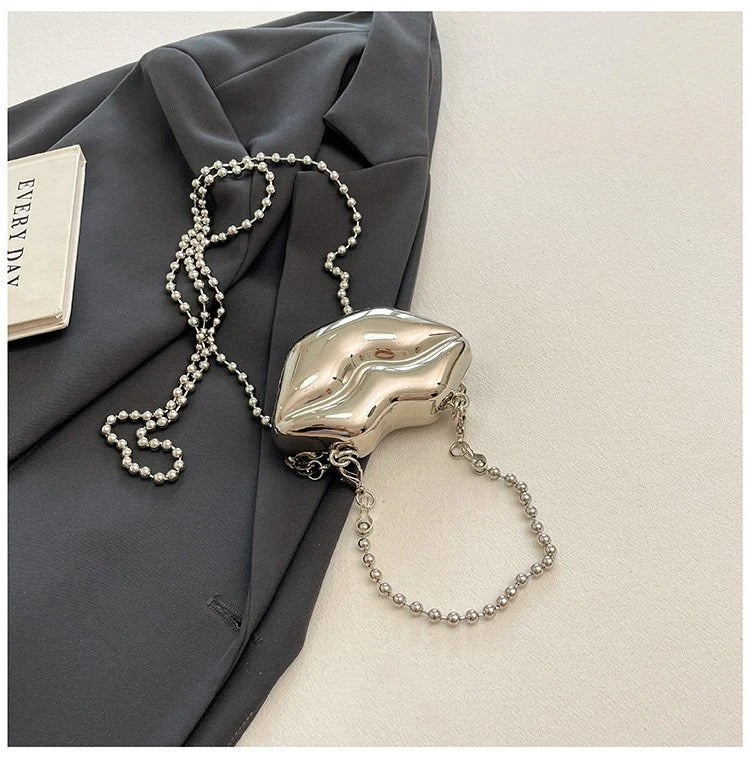 Glossy Bold Lips Gold Silver Ball Chain Shoulder Hand Bag Women Bulk