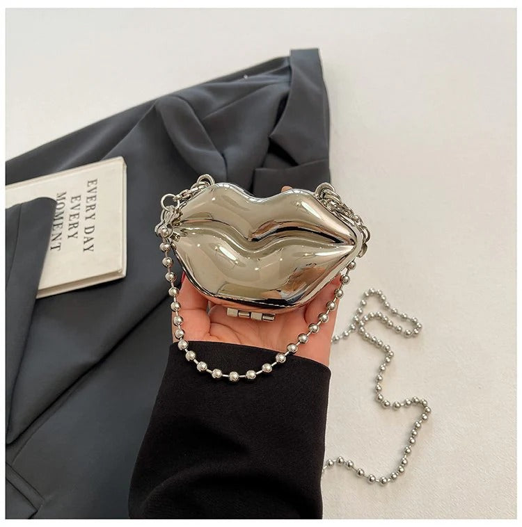 Glossy Bold Lips Gold Silver Ball Chain Shoulder Hand Bag Women Bulk