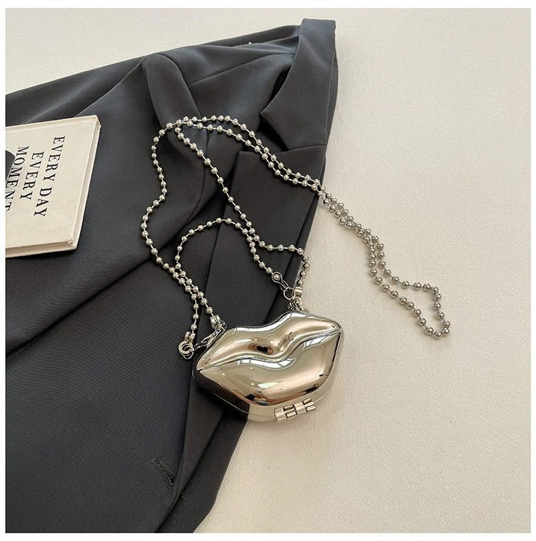 Glossy Bold Lips Gold Silver Ball Chain Shoulder Hand Bag Women Bulk