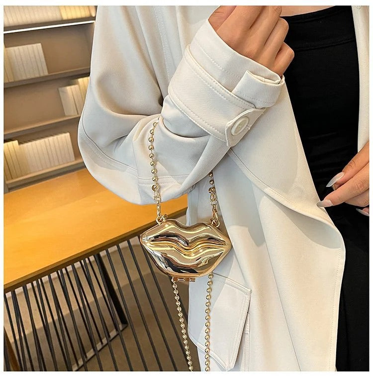 Glossy Bold Lips Gold Silver Ball Chain Shoulder Hand Bag Women Bulk