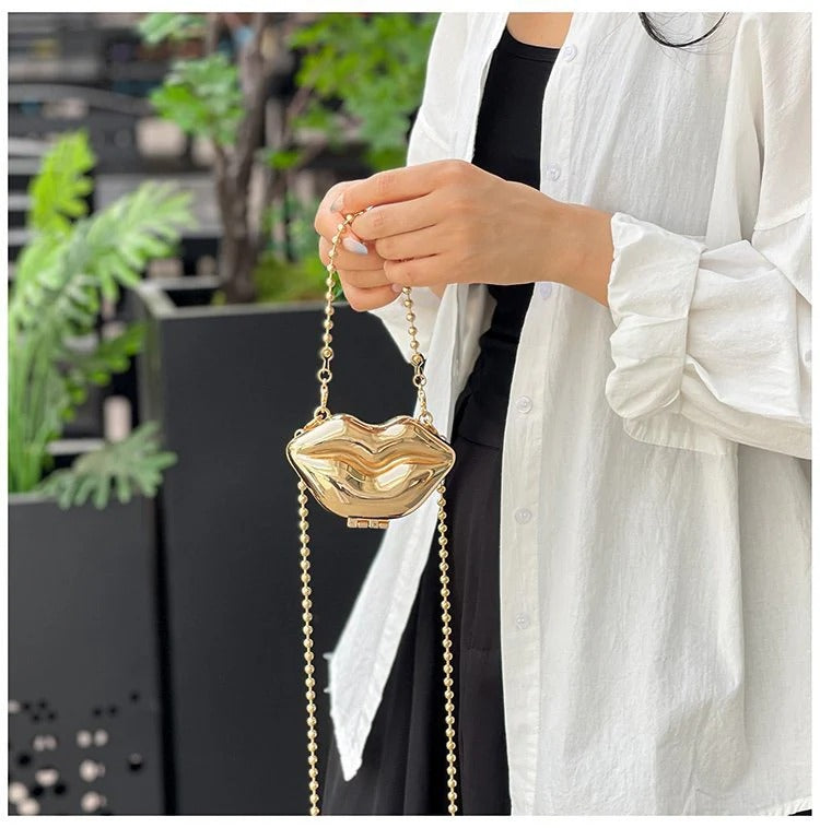 Glossy Bold Lips Gold Silver Ball Chain Shoulder Hand Bag Women Bulk