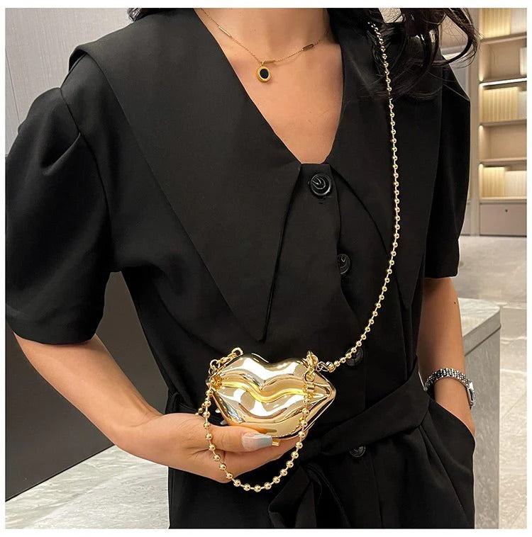 Glossy Bold Lips Gold Silver Ball Chain Shoulder Hand Bag Women Bulk