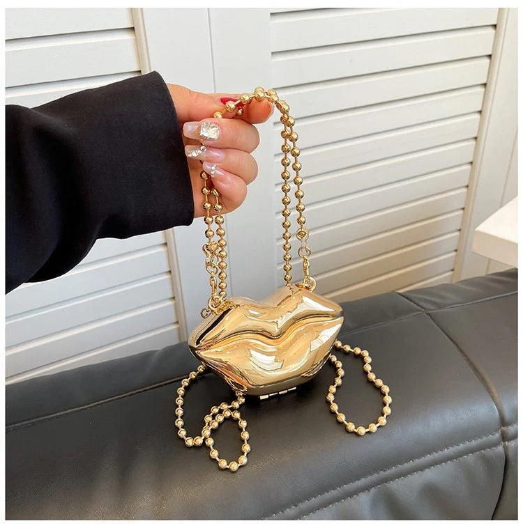 Glossy Bold Lips Gold Silver Ball Chain Shoulder Hand Bag Women Bulk