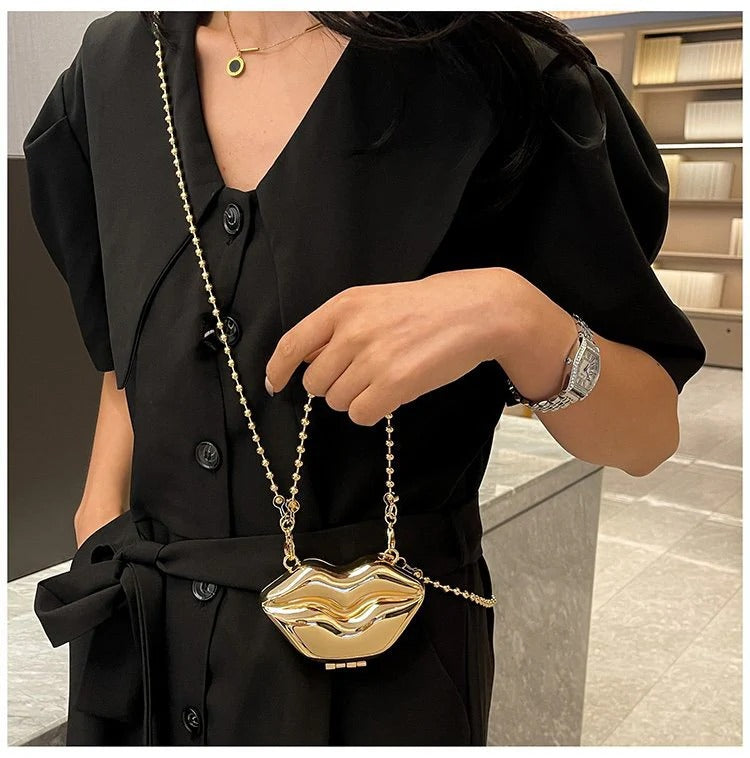 Glossy Bold Lips Gold Silver Ball Chain Shoulder Hand Bag Women Bulk