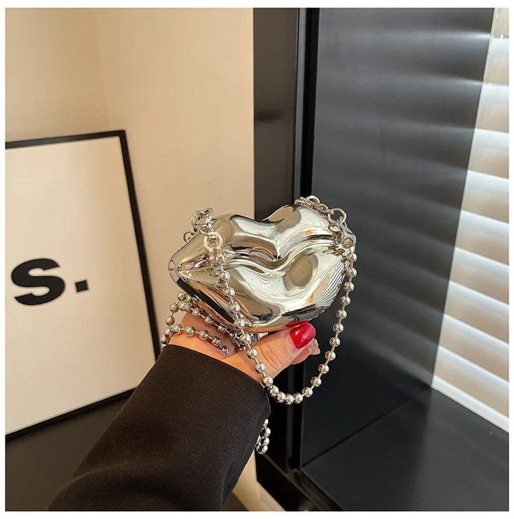 Glossy Bold Lips Gold Silver Ball Chain Shoulder Hand Bag Women Bulk