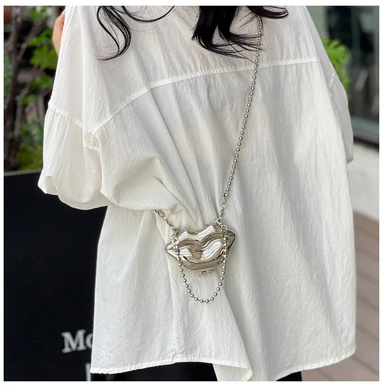 Glossy Bold Lips Gold Silver Ball Chain Shoulder Hand Bag Women Bulk