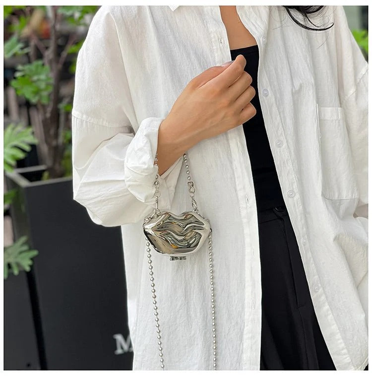 Glossy Bold Lips Gold Silver Ball Chain Shoulder Hand Bag Women Bulk