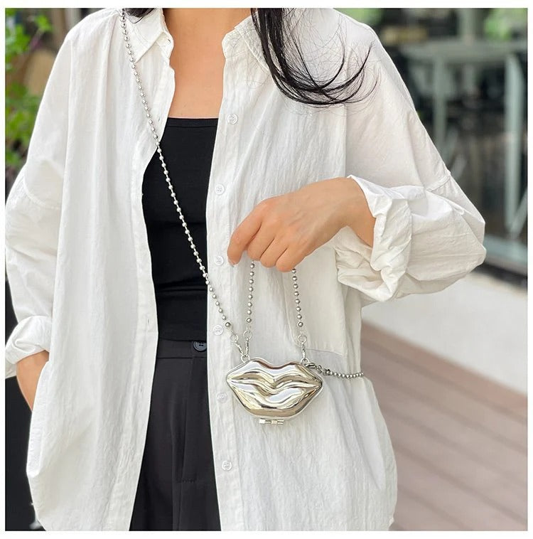 Glossy Bold Lips Gold Silver Ball Chain Shoulder Hand Bag Women Bulk