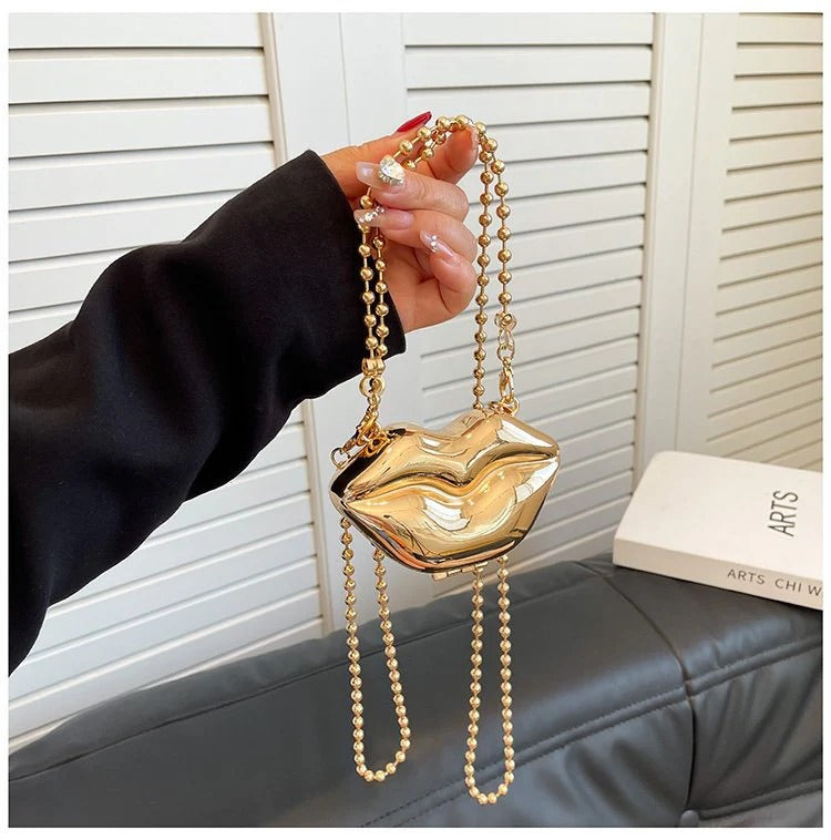 Glossy Bold Lips Gold Silver Ball Chain Shoulder Hand Bag Women Bulk