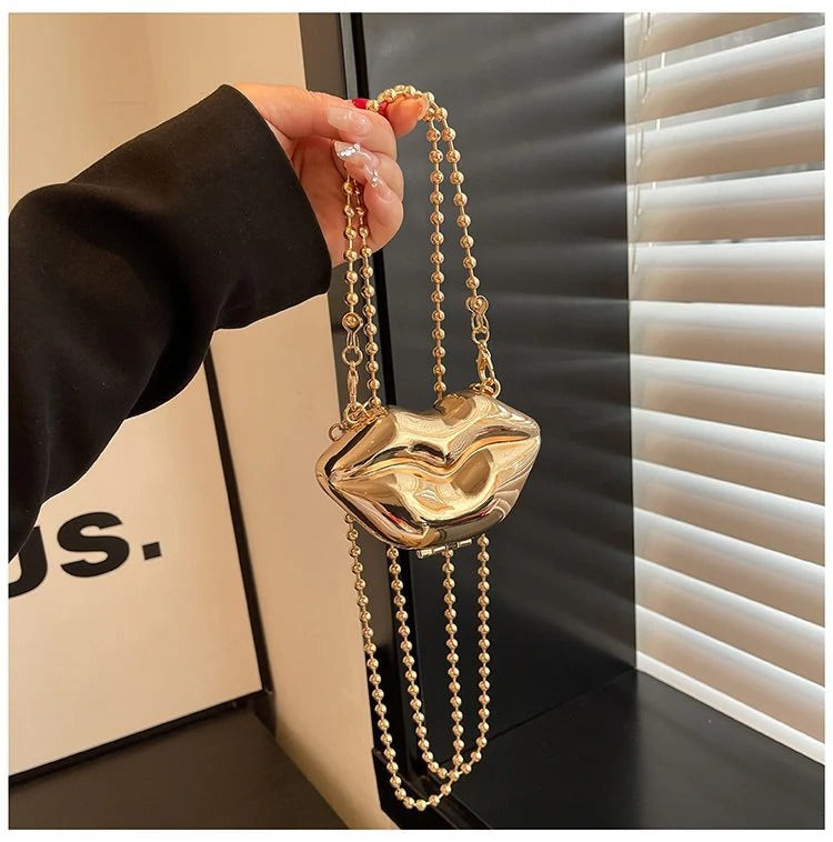 Glossy Bold Lips Gold Silver Ball Chain Shoulder Hand Bag Women Bulk