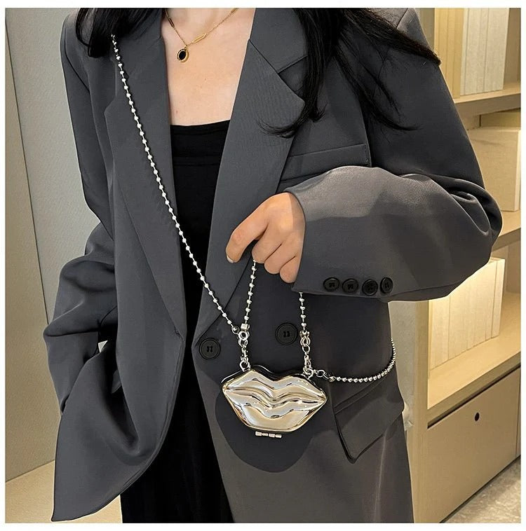 Glossy Bold Lips Gold Silver Ball Chain Shoulder Hand Bag Women Bulk