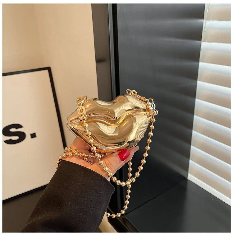 Glossy Bold Lips Gold Silver Ball Chain Shoulder Hand Bag Women Bulk