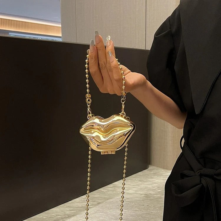 Glossy Bold Lips Gold Silver Ball Chain Shoulder Hand Bag Women Bulk