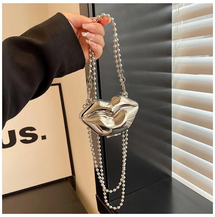 Glossy Bold Lips Gold Silver Ball Chain Shoulder Hand Bag Women Bulk