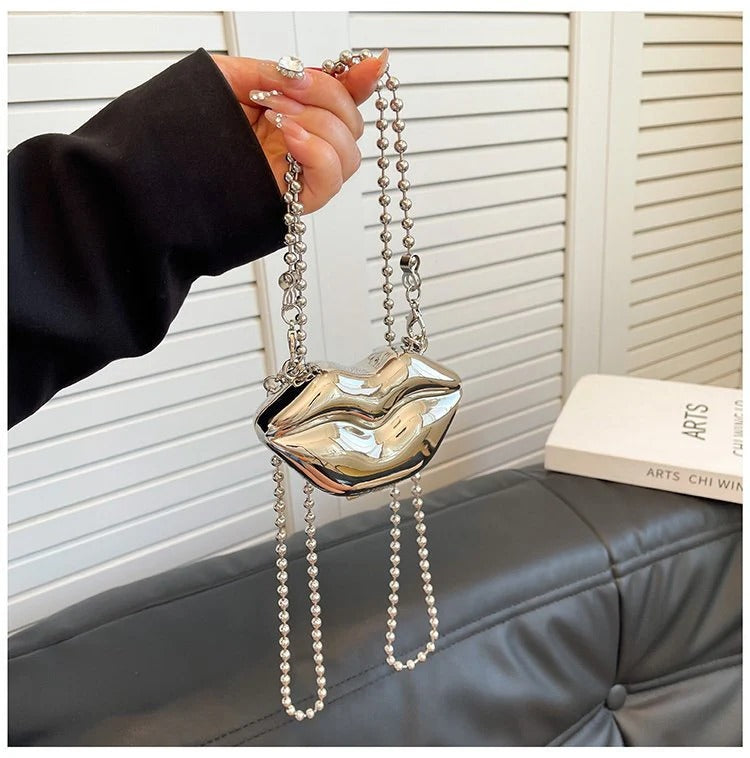 Glossy Bold Lips Gold Silver Ball Chain Shoulder Hand Bag Women Bulk