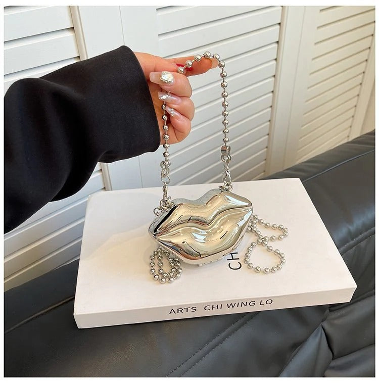 Glossy Bold Lips Gold Silver Ball Chain Shoulder Hand Bag Women Bulk