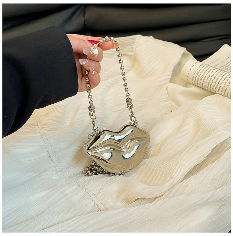 Glossy Bold Lips Gold Silver Ball Chain Shoulder Hand Bag Women Bulk