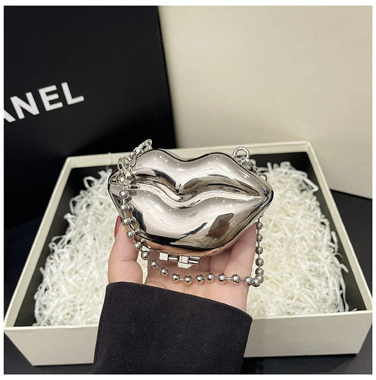 Glossy Bold Lips Gold Silver Ball Chain Shoulder Hand Bag Women Bulk