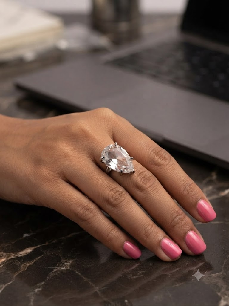 Designer Solitaire Teardrop Silver Rhinestone Copper Cocktail Ring Bulk