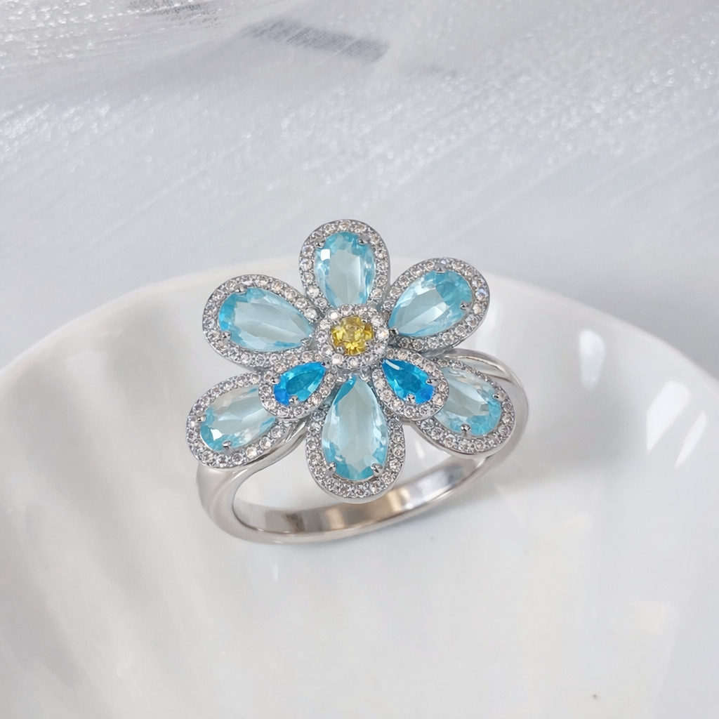 Bulk Blue Multi Color Flower Gold CZ Copper Adjustable Cocktail Ring