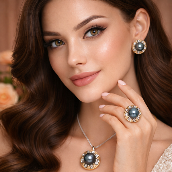 Antique Floral Gold Plated CZ Pearl Copper Necklace Combo Set Wholesale Main image