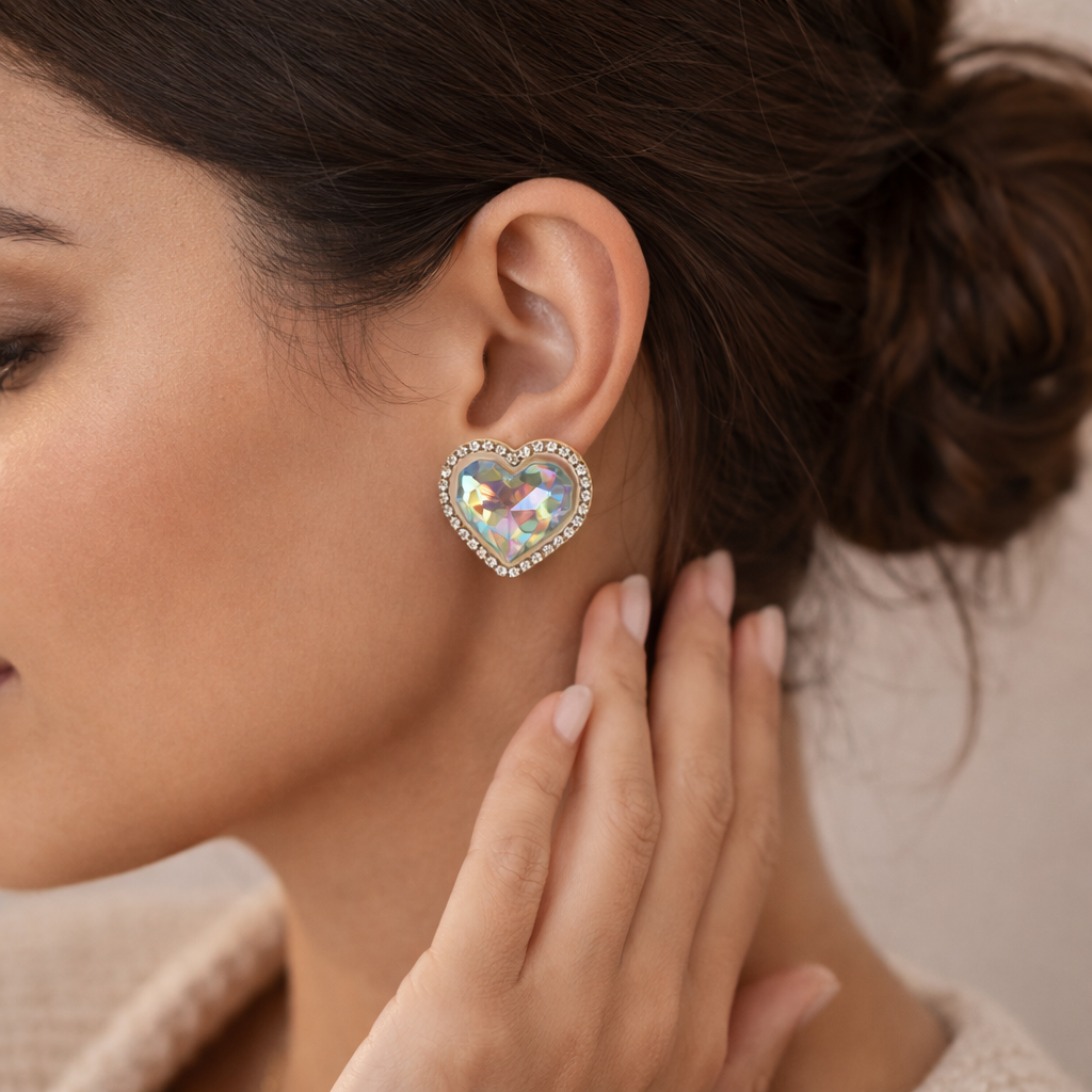 Bulk White Heart Sparkling Gold Plated Rhinestone Alloy Stud Earrings Main image