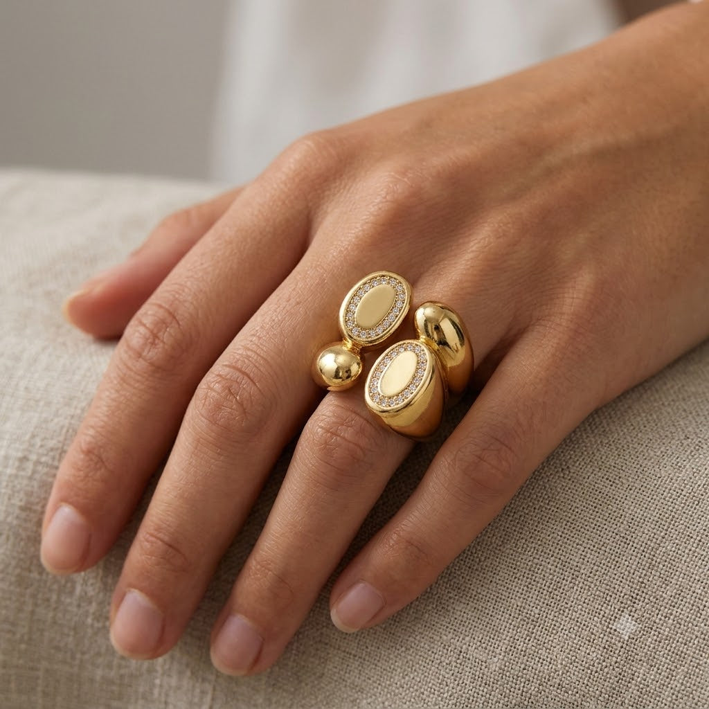 Luxury Gold Plated Oval White CZ Sculptural Copper Fancy Ring Wholesale