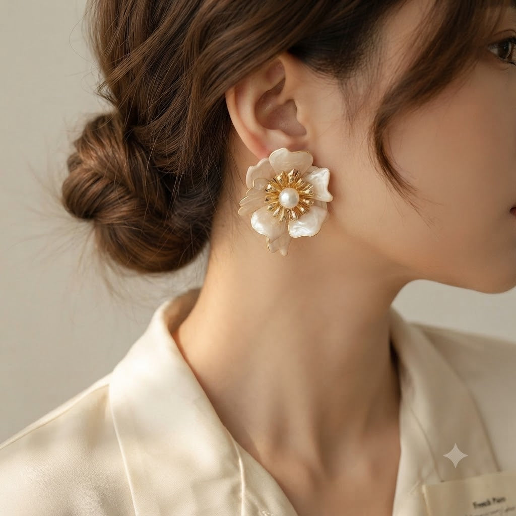 Designer Floral Gold Plated White Mother of Pearl Stud Earrings Bulk
