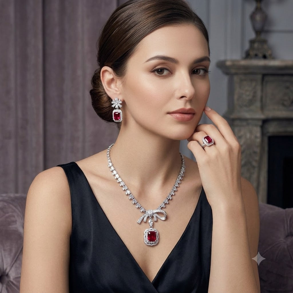 Ruby Red Emerald Cut CZ Silver Plated Copper Necklace Combo Set Bulk Secondary image
