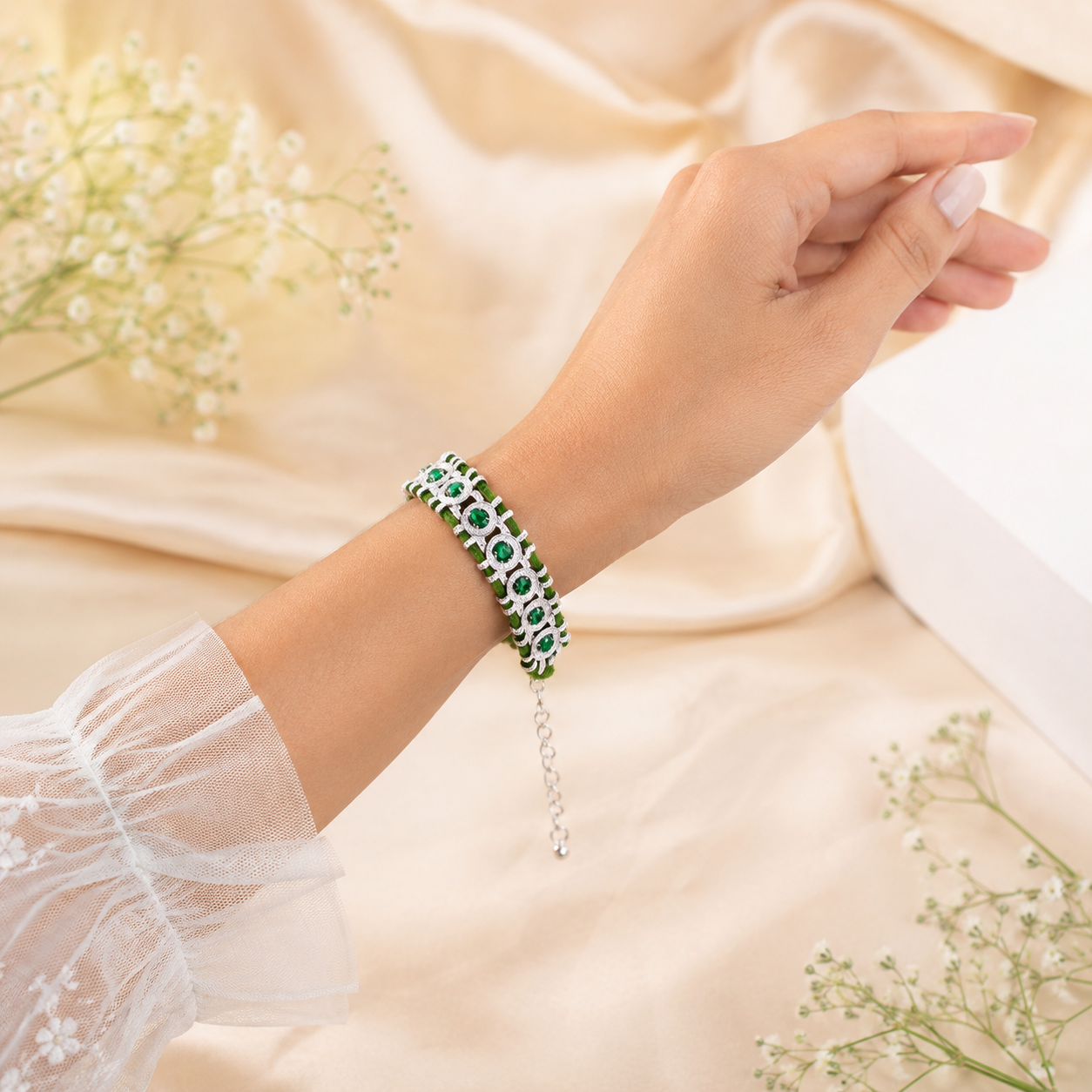 Emerald Green Silver Plated CZ Multi-Strand Thread Bracelet Wholesale Main image