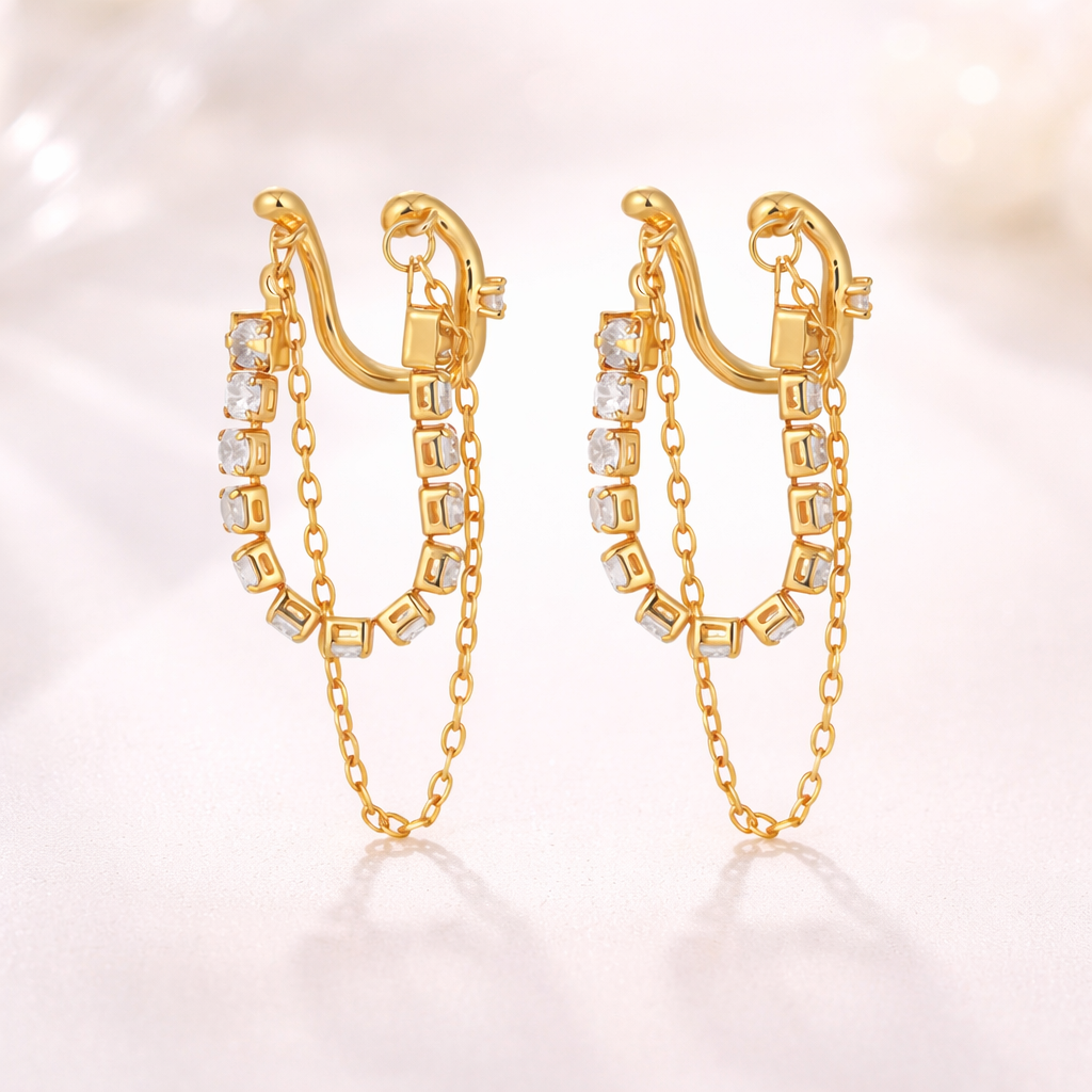 Stylish Gold Plated CZ Stainless Steel Chain Ear Cuff Earrings Bulk