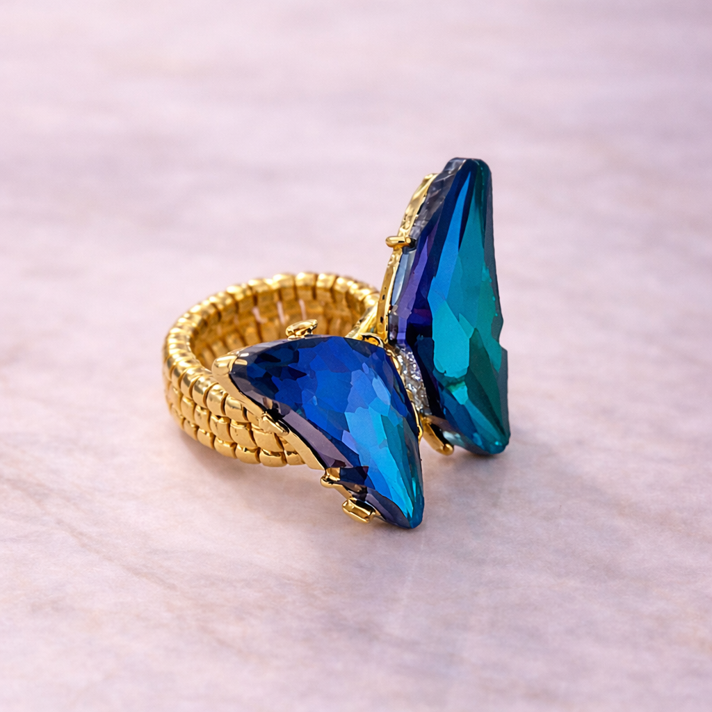 Multi Color Butterfly Gold Plated Crystal Adjustable Cocktail Ring Bulk