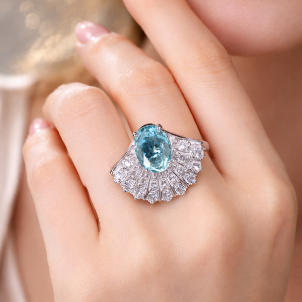 Bulk White Blue Fan Style Silver CZ Copper Adjustable Cocktail Ring Secondary image