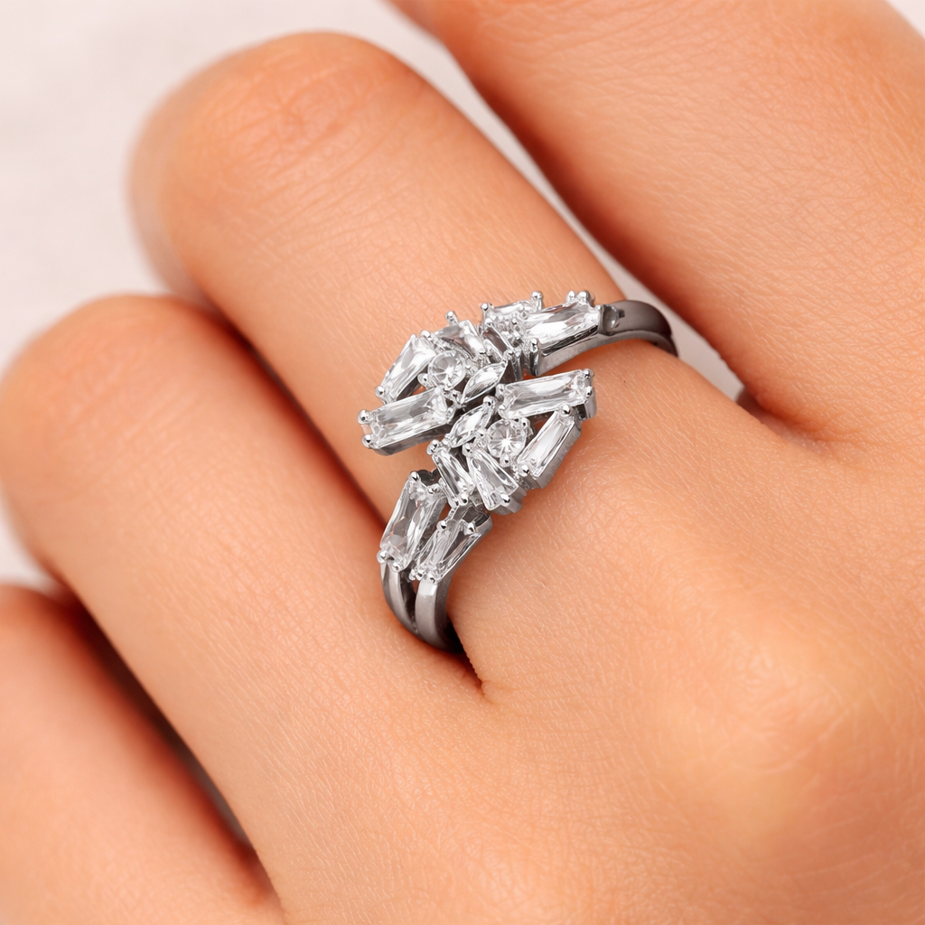 Designer Baguette & Marquise Gold Silver CZ Copper Adjustable Ring Bulk