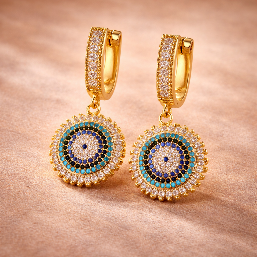 Bulk White Blue Black Evil Eye Gold CZ Anti Tarnish Copper Hoop Earrings Main image