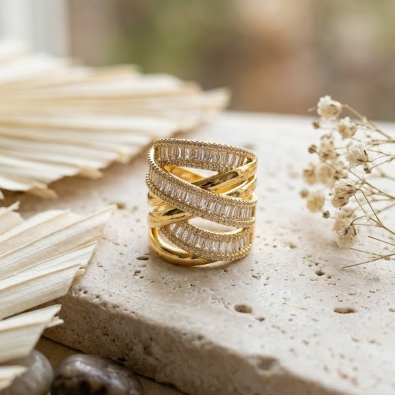Designer Multi Layer Criss-Cross Gold Silver Plated CZ Copper Ring Bulk
