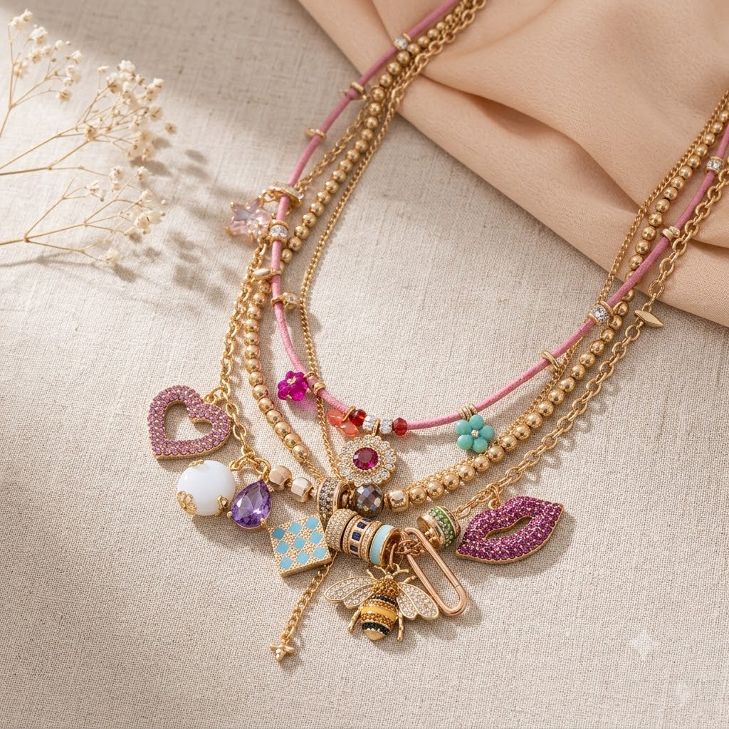 Luxury Multi Color Charm Gold Plated CZ Enamel Layered Necklace Bulk